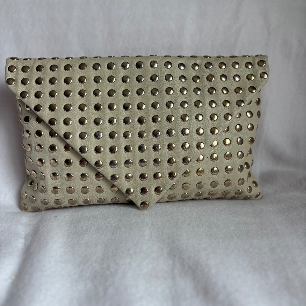 Cream Studded Envelope Clutch Bag Gold Tone Hardware Faux Leather Night Out